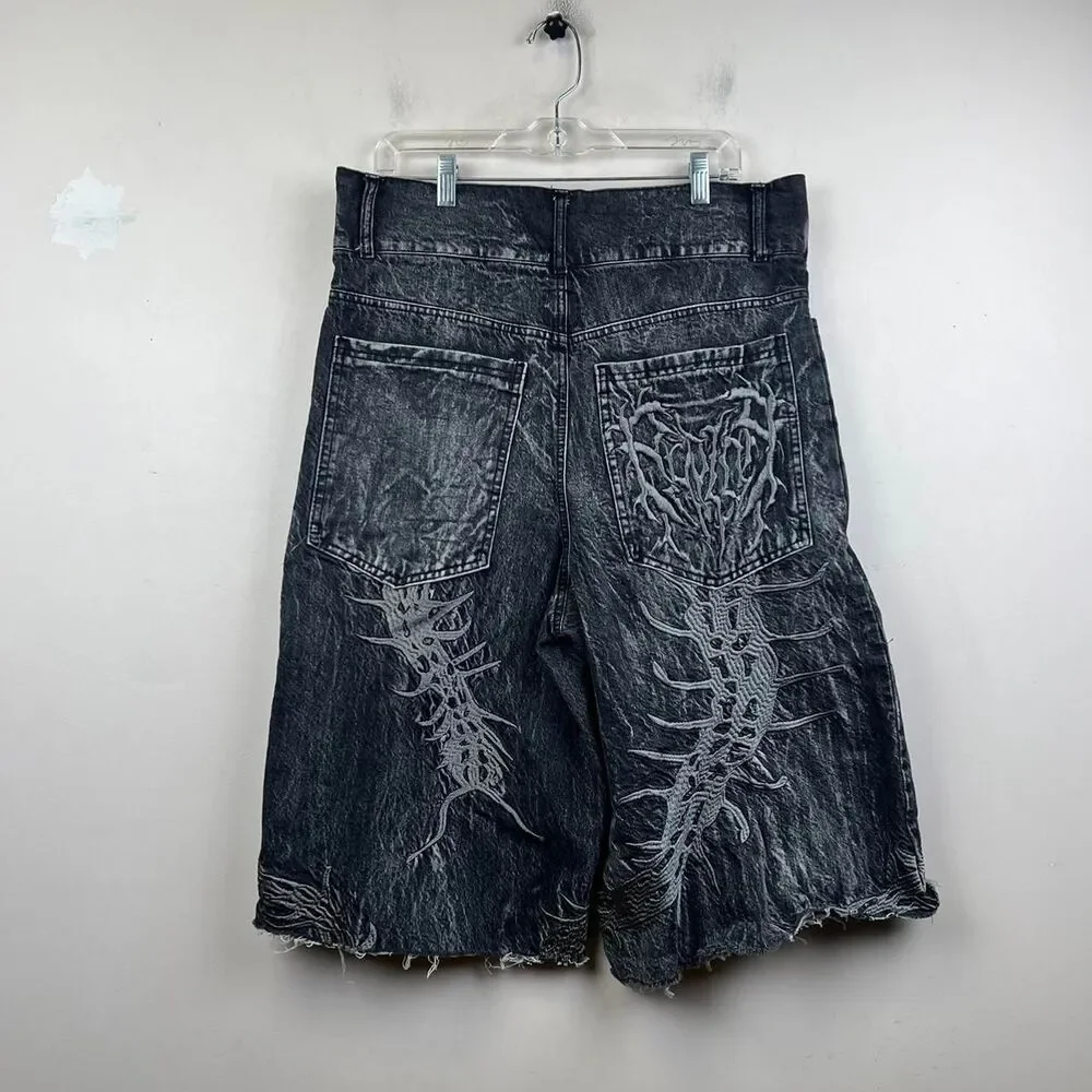 Y2K JNCO Style Black Denim Shorts With White Flame Design Size M